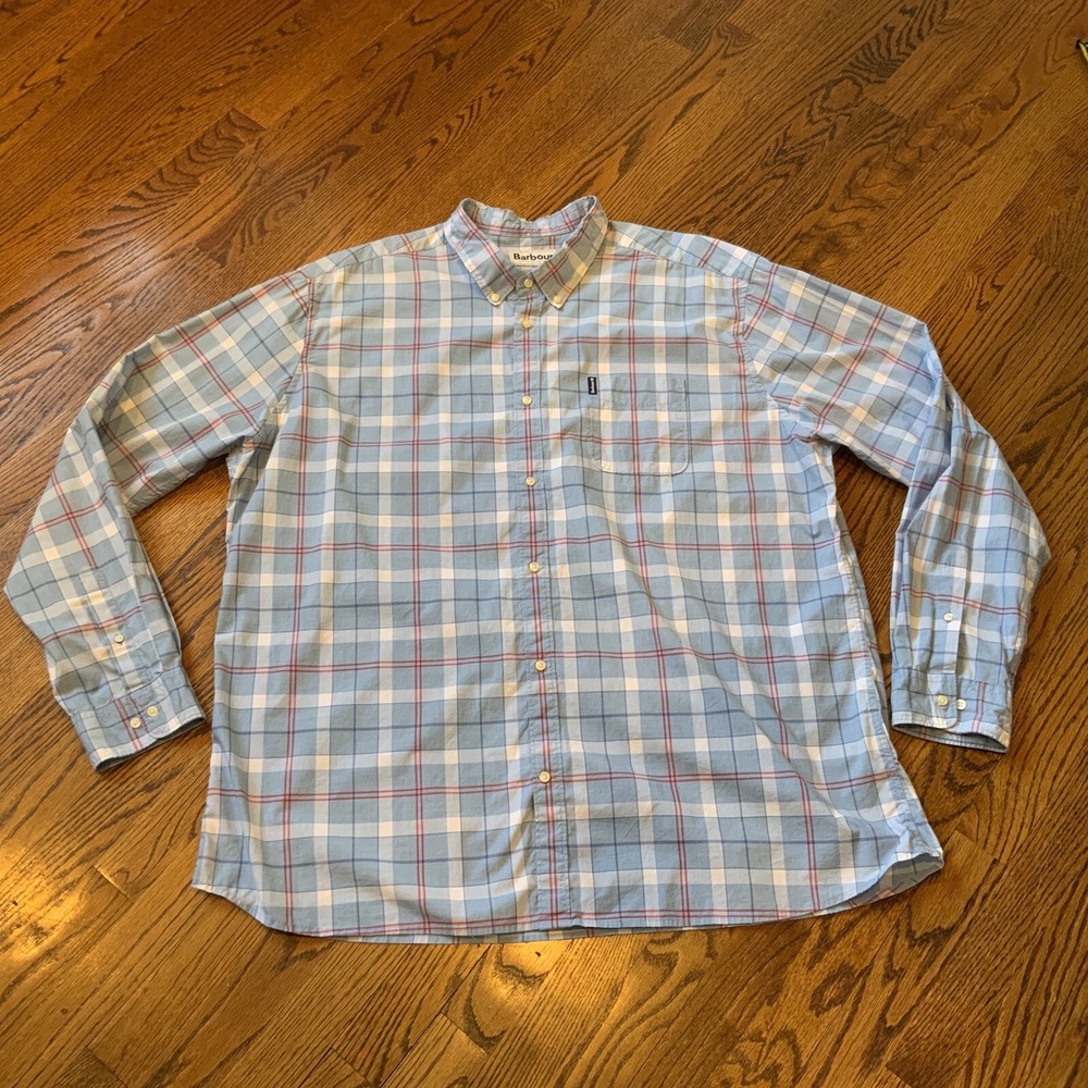 Barbour Shirt Mens XXL 2XL Blue Tailored Button‎ Down Plaid Top Classic EUC